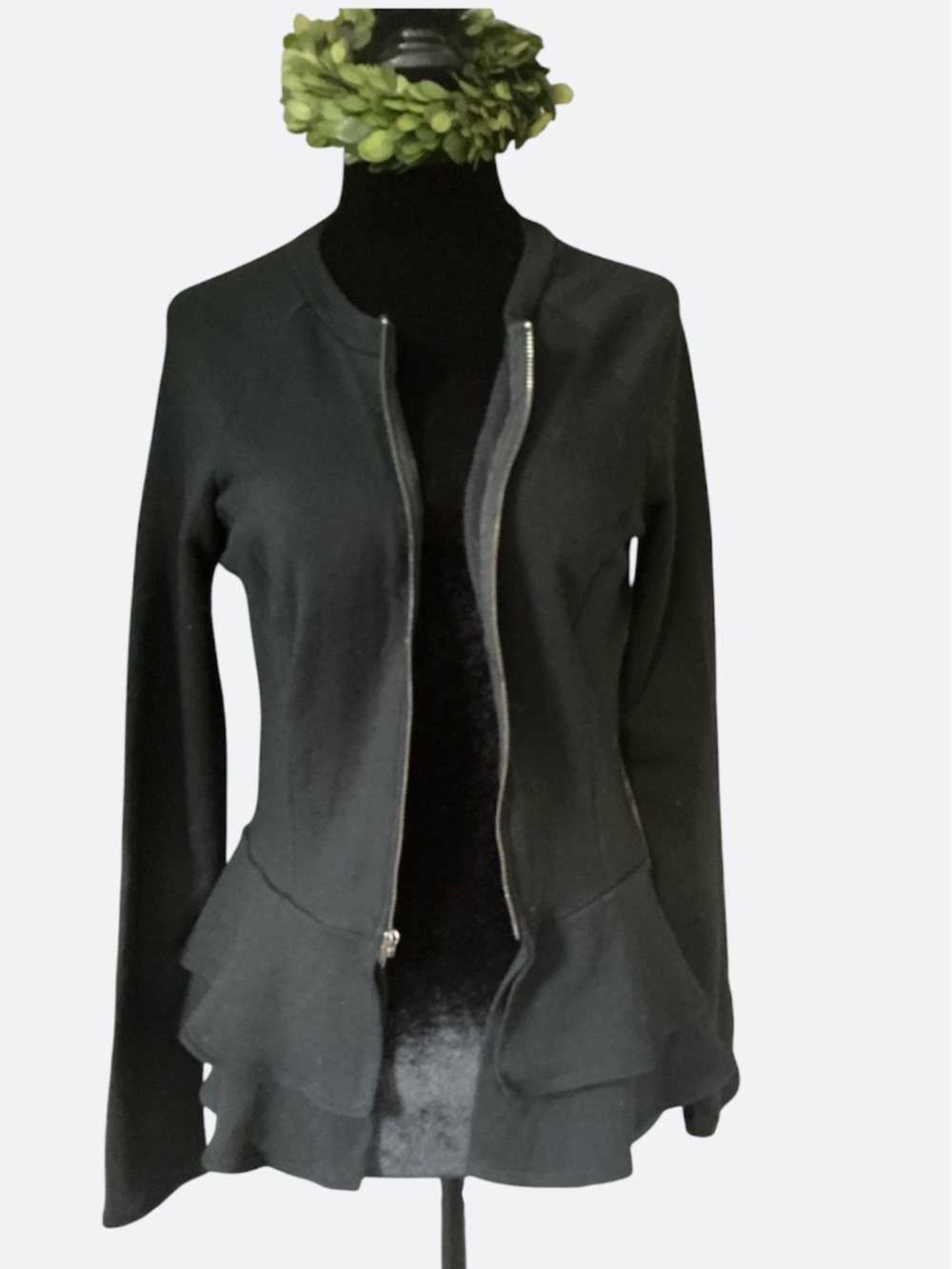 Anthropologie Bordeaux Black Knit Double Tiered Zip Front Jacket SZ M